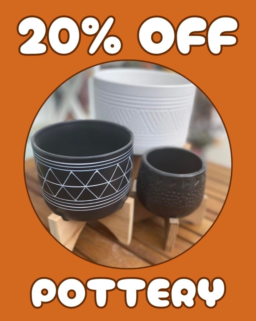 Pottery 20% off sale at Thomas Greenhouse & Gardens, showing modern ceramic pots in black and white for January 2026.