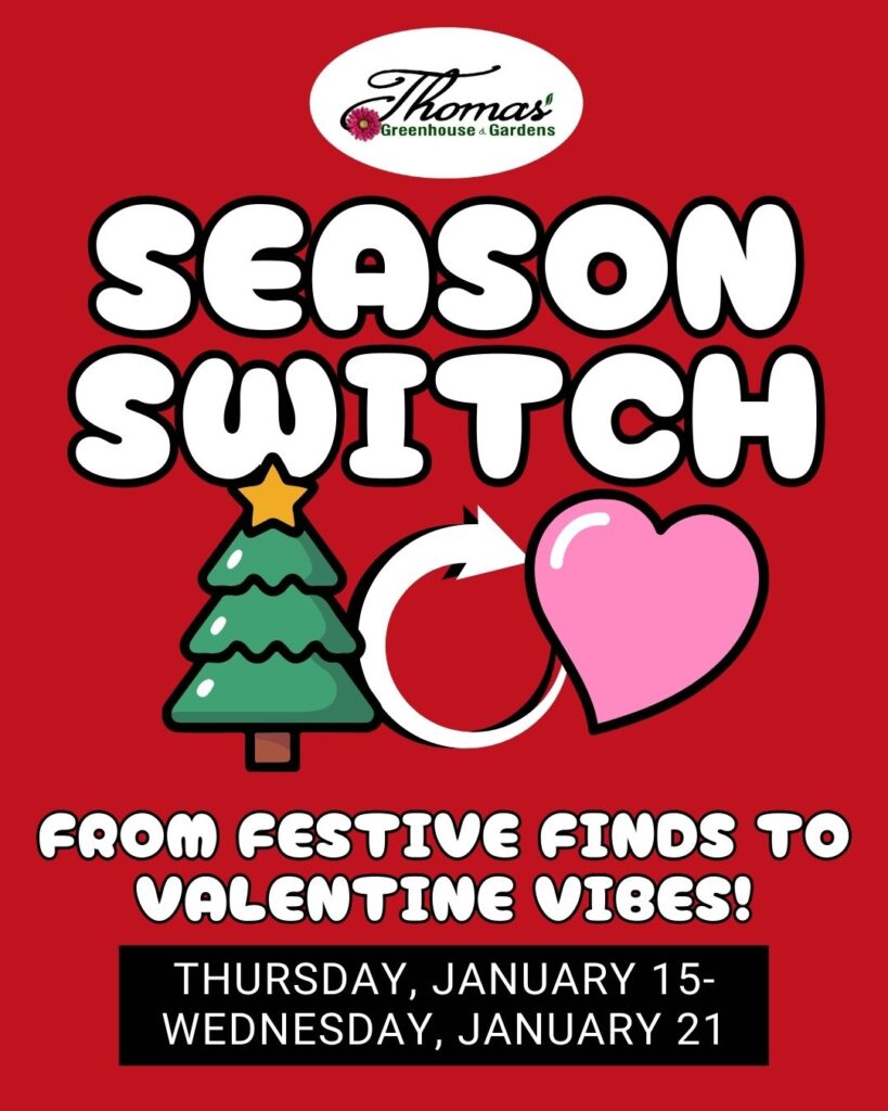 Season Switch Sale hero image for Thomas Greenhouse & Gardens, January 15–21, 2026, with festive icons and the tagline “From Festive Finds to Valentine Vibes.”